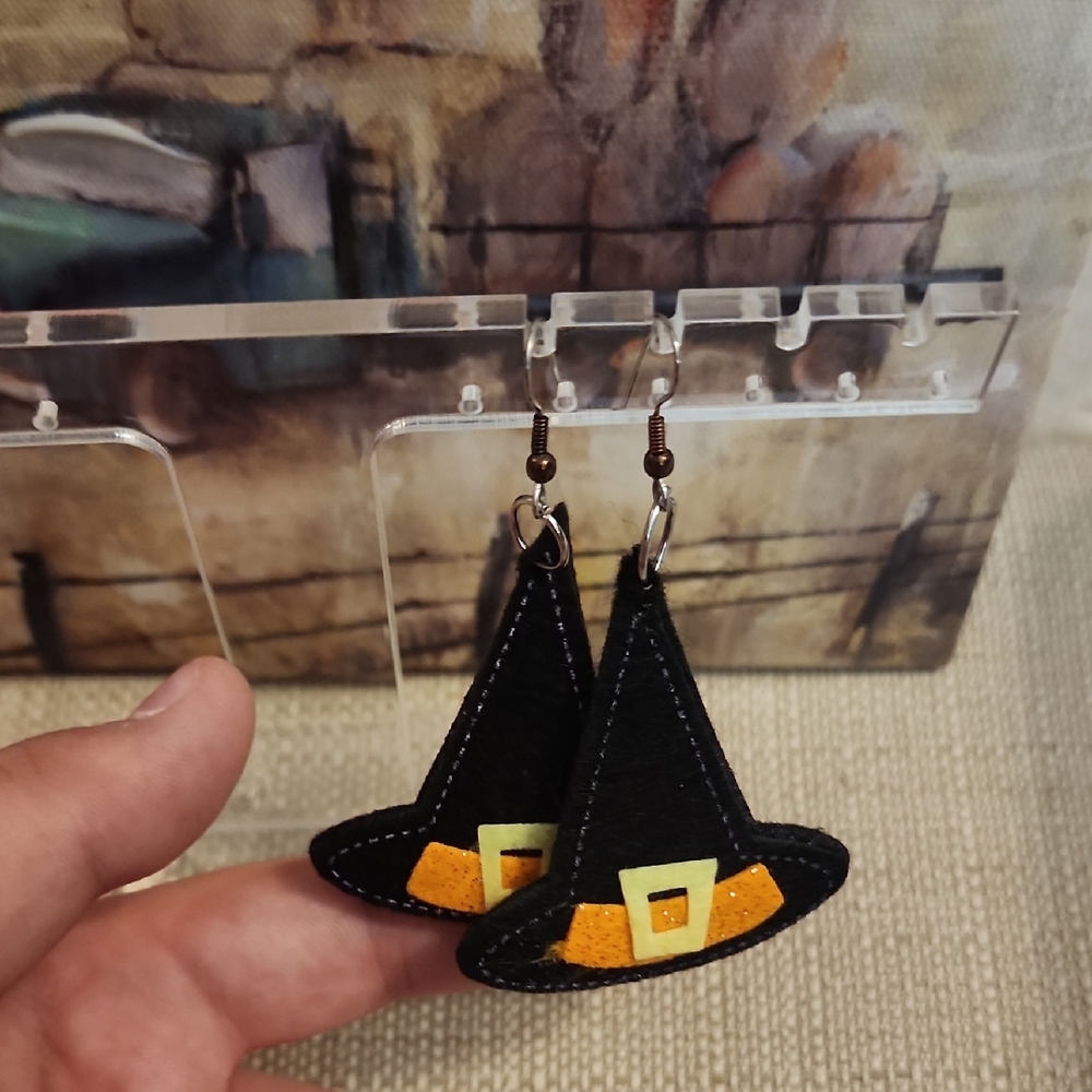 Witch Hat Earrings with Orange and Black Accents
